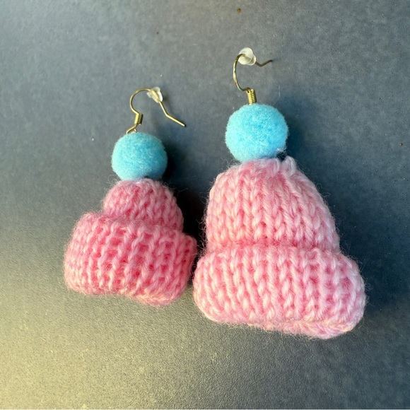 Handmade Knit Toque Earrings with Pom Pom - Pink and Blue - Picture 7 of 11